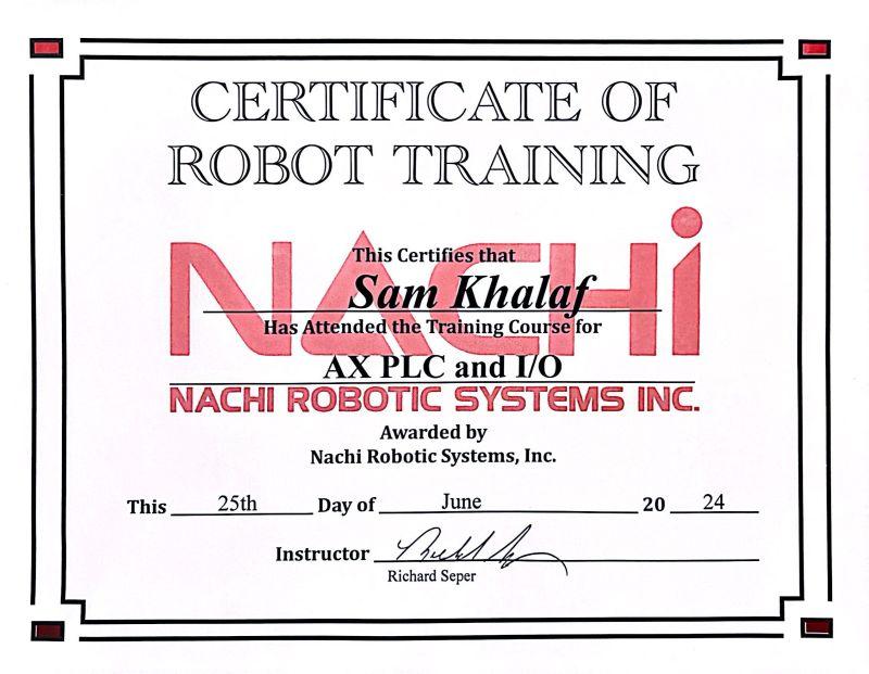Nachi Robotics certificate