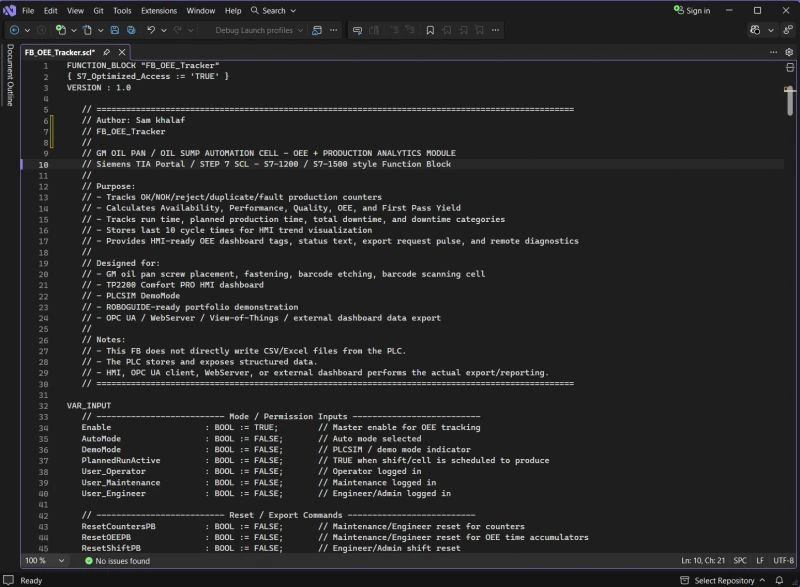 SCL source for the OEE tracker function block, with a header comment listing what it calculates.