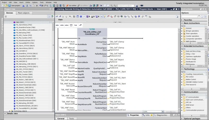 TIA Portal with Main OB1 open: one call to the cell coordinator function block, its inputs on the left and outputs on the right, and the block list in the project tree.