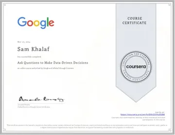 Certificate: Ask Questions to Make Data-Driven Decisions.