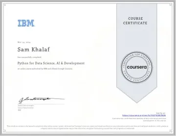 Certificate: Python for Data Science, AI & Development.
