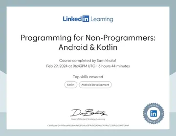 Certificate: Programming for Non-Programmers: Android & Kotlin.