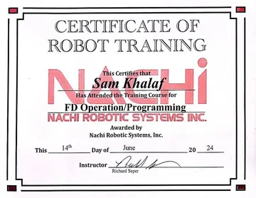 Certificate: Robot training: FD Operation/Programming.