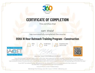 Certificate: OSHA 10-Hour Outreach Training Program: Construction.