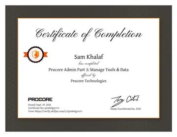 Certificate: Procore Admin Part 3: Manage Tools & Data.