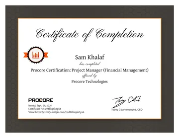 Certificate: Procore Certification: Project Manager (Financial Management).