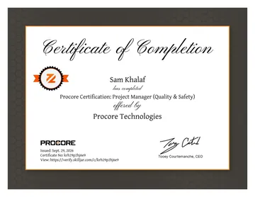 Certificate: Procore Certification: Project Manager (Quality & Safety).
