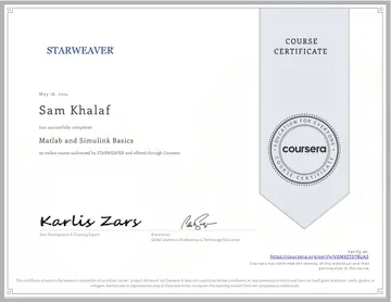 Certificate: Matlab and Simulink Basics.