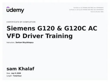 Certificate: Siemens G120 & G120C AC VFD Driver Training.