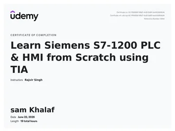 Certificate: Learn Siemens S7-1200 PLC & HMI from Scratch using TIA.