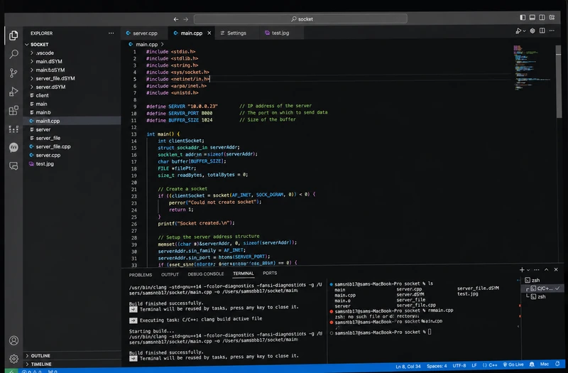 Code editor showing a C++ file that creates a UDP socket and sets up a server address, with a terminal below listing the built client and server programs.