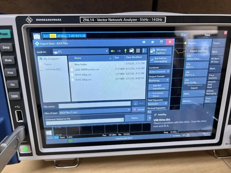 A Rohde and Schwarz ZNL14 vector network analyzer with an export dialog open, listing three CSV files.